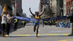 Atsede Baysa of Ethiopia crosses the finish line to win the women?s division of the 120th running of the Boston Marathon in Boston, Massachusetts
