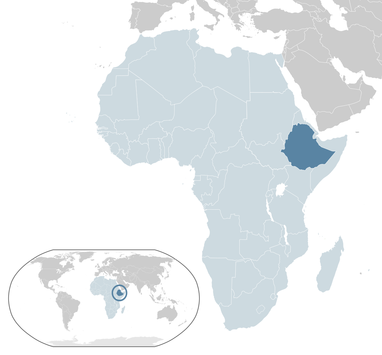 Map of Ethiopia within Africa for diplomacy context