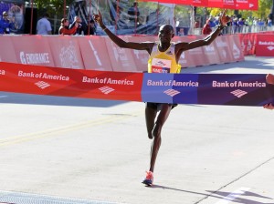 Kimmeto crosses the finish line at the Chicago marathon