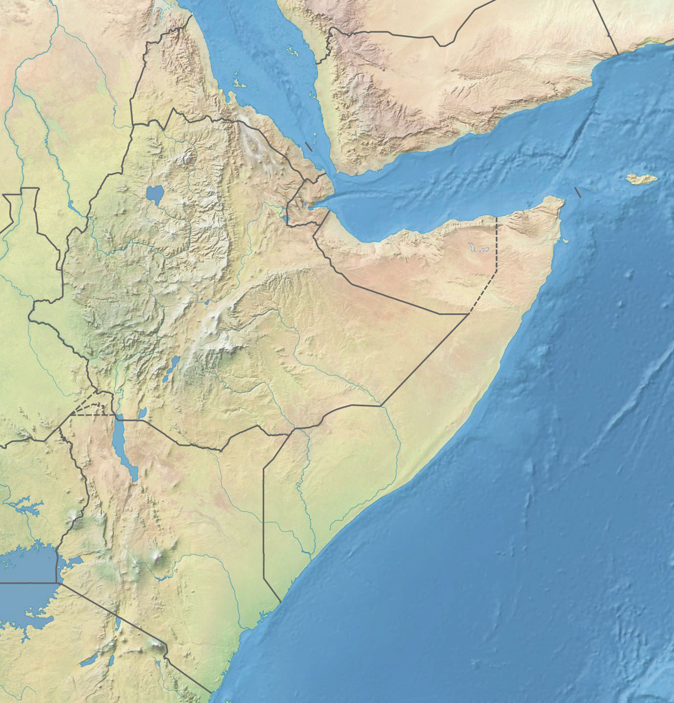 Horn of Africa relief map for regional location context
