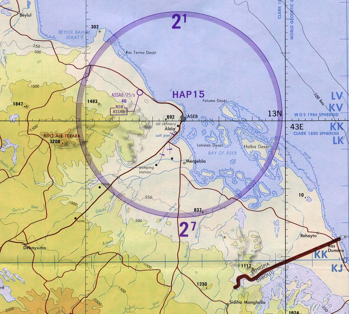 A scanned military map of Assab on the Red Sea with inland roads and place names including Debaysima.