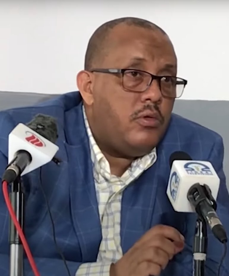 Getachew Reda, wearing glasses, a blue checked jacket and a checked shirt, speaks into a cluster of broadcasters’ microphones at a press conference.