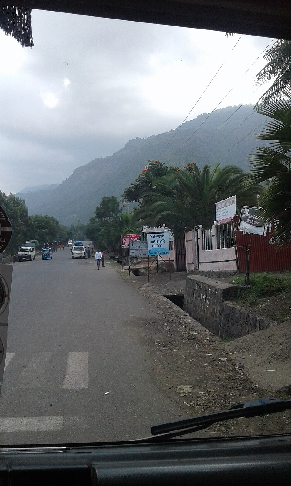 A paved main road running through the small town of Wurgessa in North Wollo, with minibuses and a bajaj parked along the street, shop signs and palm trees on the right, and a steep green mountainside rising behind under a cloudy sky, seen through a vehicle windscreen.