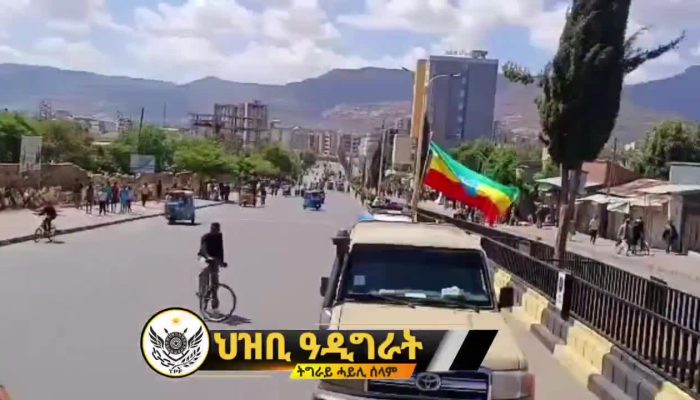 Pickup truck with an Ethiopian flag in a street, frame from a Tigray Peace Force video posted by Thomas van Linge
